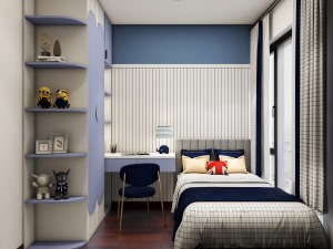 男孩房沿用了客厅的米白色和现在搭配的蓝色作为床背景墙的搭配色，颜色上是比较活跃的，营造出男孩房的活泼