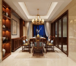 中式的餐桌椅、餐边柜、一幅挂画、一盏吊灯，简简单单的搭配便营造出了豪门大宅的即时感。