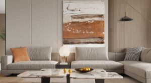 造型简单的布艺沙发，再配上线条流畅的电视背景墙、沙发背景墙，整个设计简洁中透露着现代时尚感。