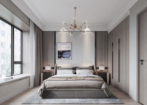 卧室保持整体设计风格。床头背景的护墙板木制，碰撞浅灰色的硬包质感，润物细无声般带来内心意蕴上的迎合。