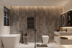 筒灯的装饰更让卫浴间添上一抹亮色，卫浴间地砖采用白色亮条纹大理石装饰，使得卫浴间整洁大方。
