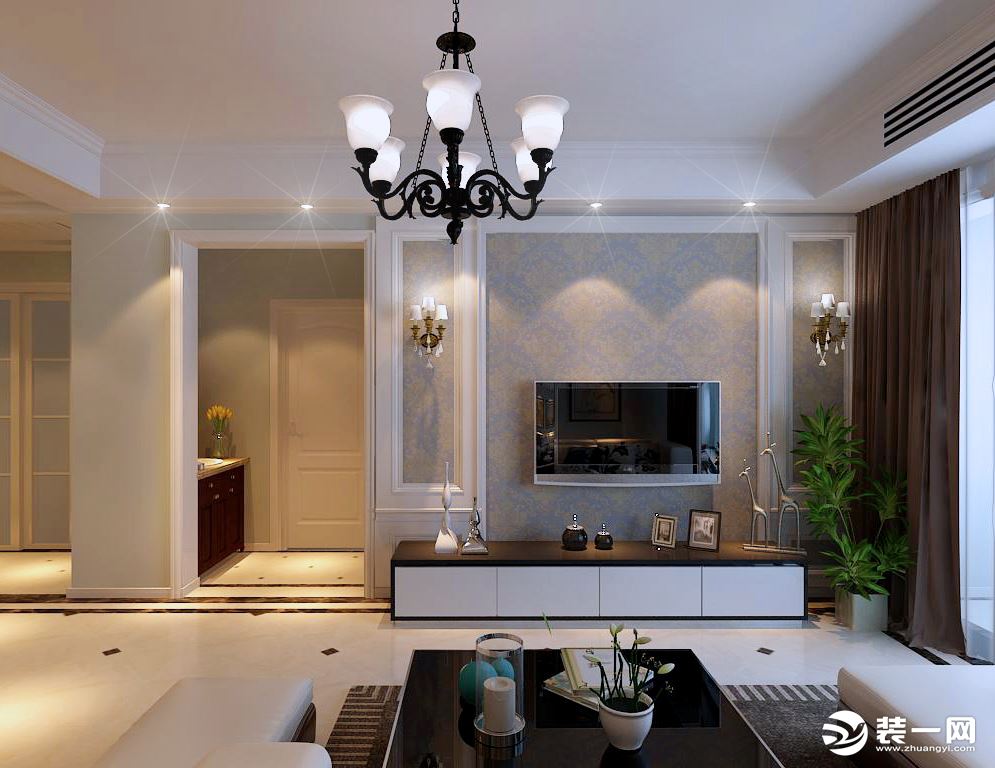 家具以白色加深木色为主，沉稳优雅。浅蓝绿作为背景色为整体空间增添了纯净清新的感觉