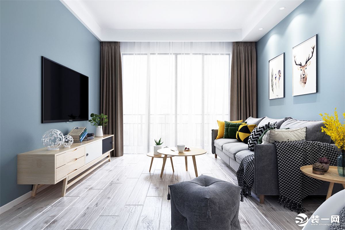 客厅宽敞明亮，灰色与浅蓝的北欧风格的组合，具有层次感，兼备实用便利性。