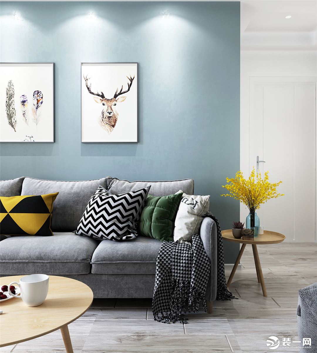 沙发布艺与背景墙软装搭配均采用灰色、蔚蓝、米白色系统一搭配，有非常统一的视觉效果。