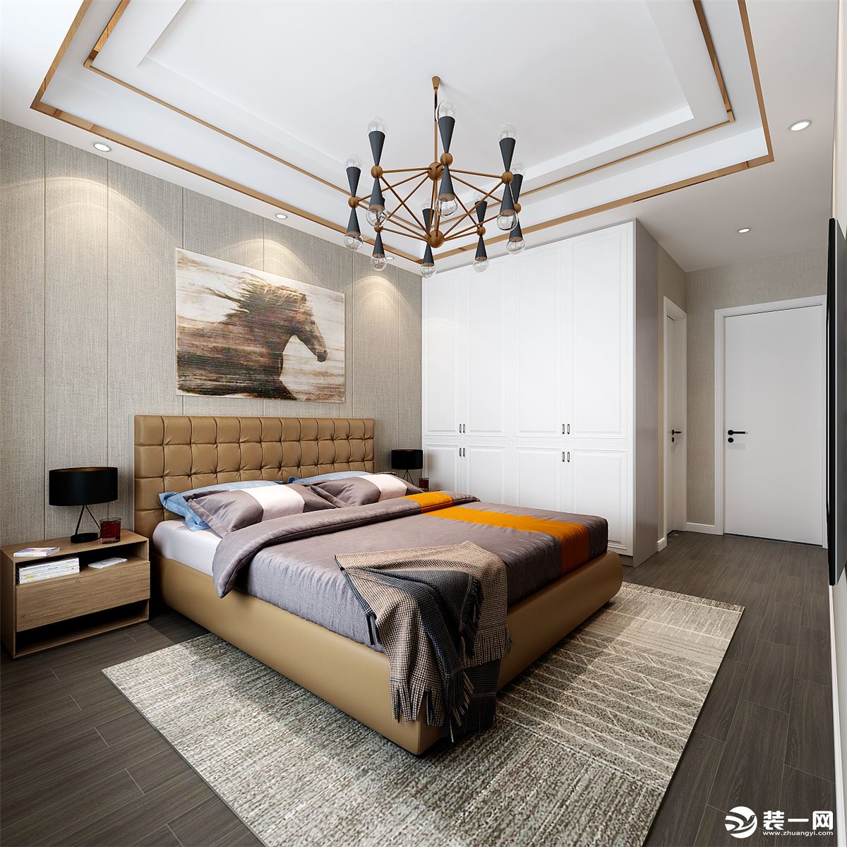 卧室与空间协调统一，整体设计一如既往没有浮夸，以传统与居家为标准