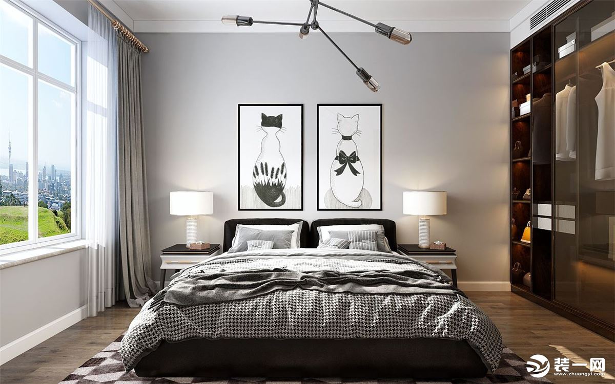 主卧，白色的空间难免显得冷清单调，床品加以点缀，增添一丝温暖。