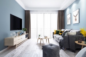 客厅宽敞明亮，灰色与浅蓝的北欧风格的组合，具有层次感，兼备实用便利性。