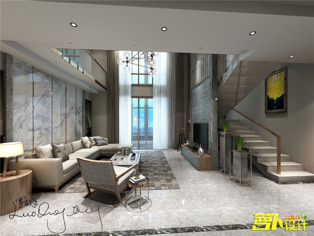 客厅空间以灰色调为主，营造出静谧闲适的空间。大理石的水墨背景墙上镶嵌的金色边条，让空间品质感十足。