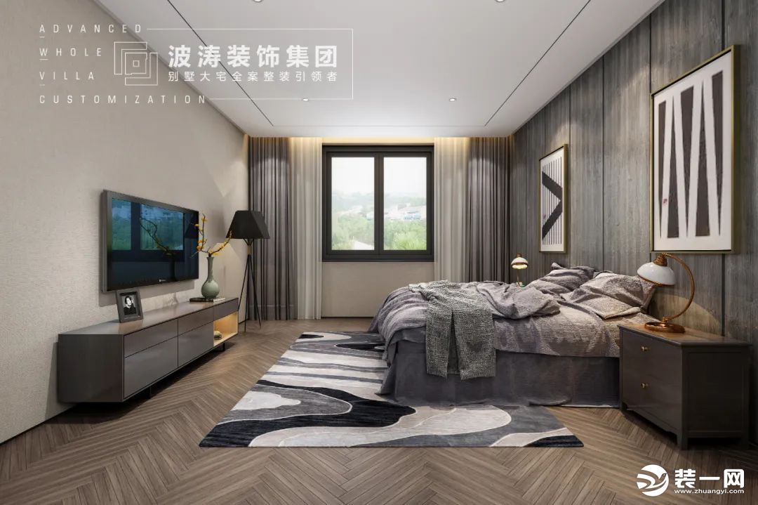 采用黑白灰为卧室主色调，灰色的背景墙、棕色的地板、褐色的床品，整体营造简约的舒适氛围
