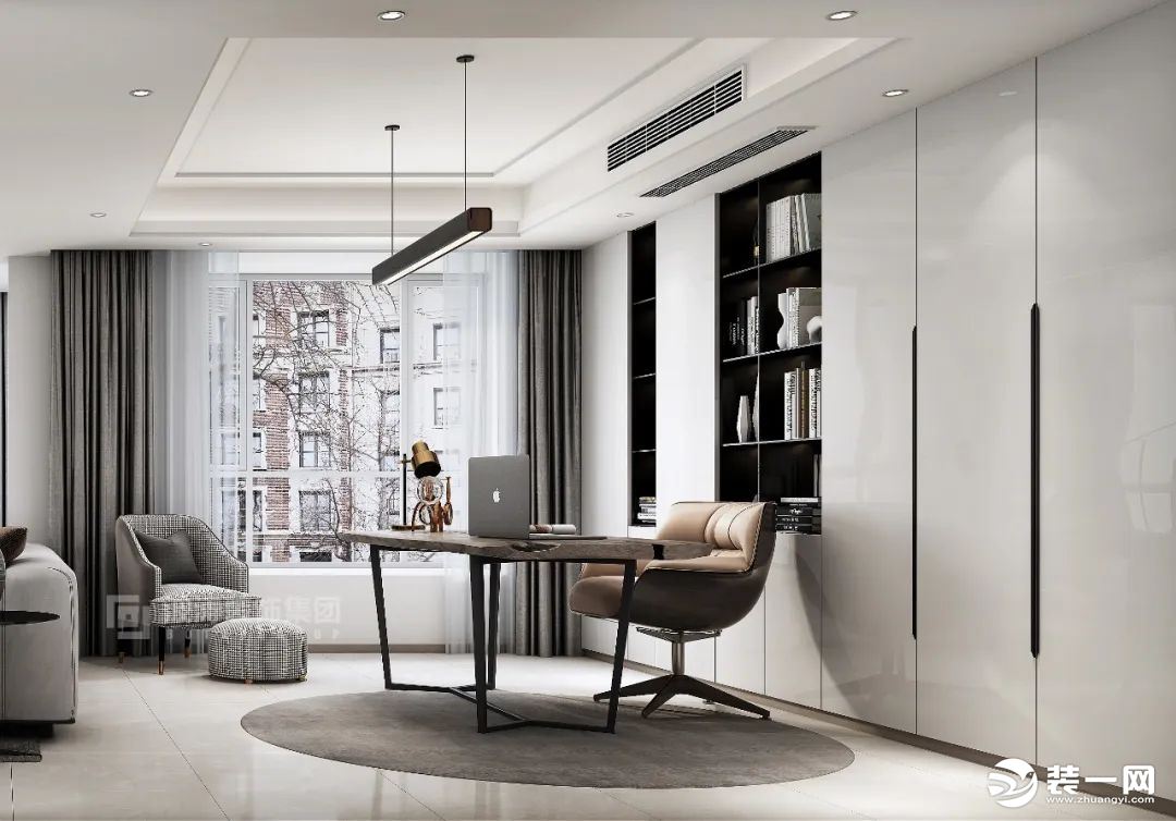 客厅+书房的搭配，空间得以优化利用，整墙书柜令空间收纳能力翻倍