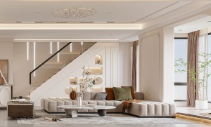 楼梯设计靠近沙发，并改造成沙发背景墙，挖空几何形状作壁龛，制造视觉冲击感，实现每一寸空间的完美优化。