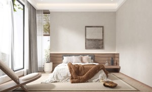 主卧设计遵循“舒适”的理念，对称的床头柜，营造舒适的视觉效果。