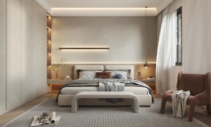 次卧风格偏向极简，米色装饰的房间，简洁、大方，体现业主高品质格调。