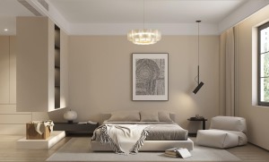 一张浅灰大床，一个软包沙发，一只悬浮吊柜，简单的家具也能营造惬意和静谧的氛围，这样纯粹的美好