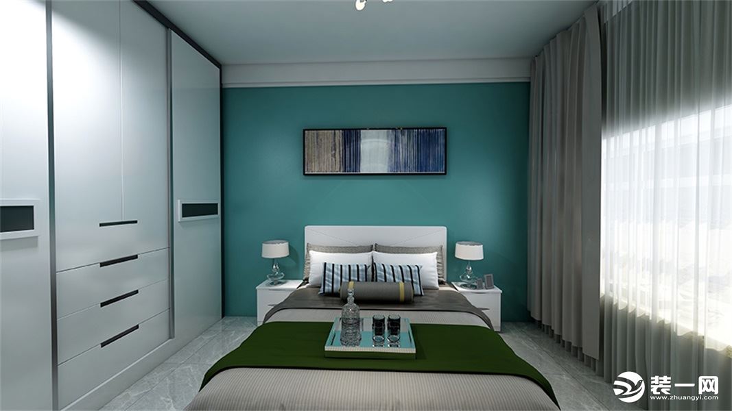 卧室是和客餐厅不同的是设计的比较暖一点，床头背景墙是给漆调了各个色，这个颜色非常不错。