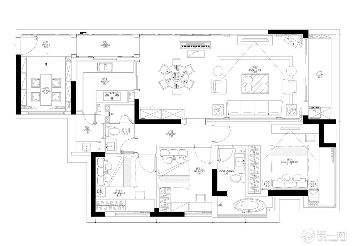 塞纳河畔130平三居法式风格平面设计图