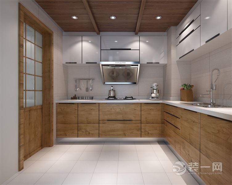 厨房以复古的原木色和白色搭配，打造一个轻快惬意的空间。有自然气息的厨房更能让我们爱上烹饪。