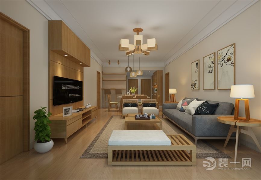 客厅采用淡雅的米黄色作为主色调，运用大量的木头家具，结合复古灯具打造一个禅意祥和的空间。吊顶采用简单