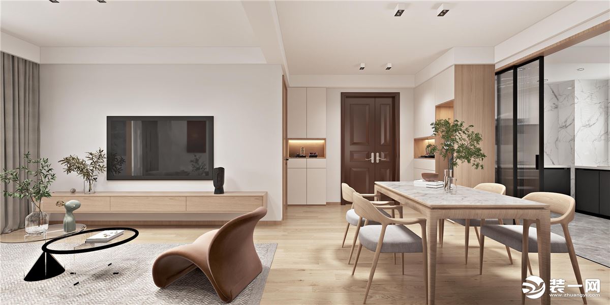 开放式厨房让空间变得更加通透，舒适的餐椅和轻盈有生命力的绿植，给人一种轻松的生活氛围。