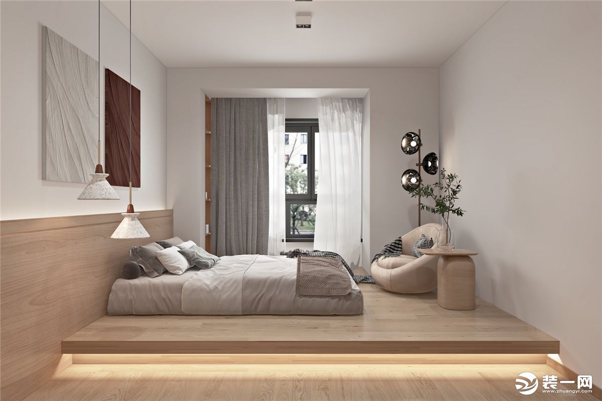 我是延续客厅设计风格，原木与暖白两色交织，让卧室的氛围回归安静舒适。