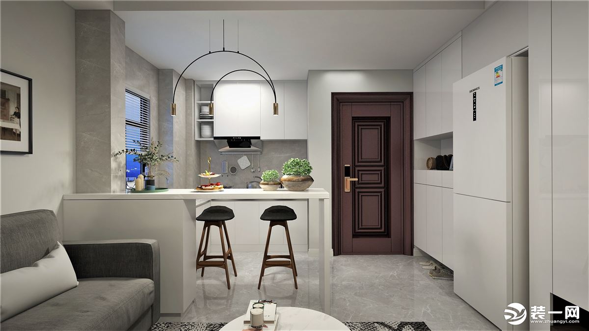 在设计上我们考虑做了开放式厨房连接吧台，这样餐厅跟厨房空间连为一体，使得我们的客厅空间感增大