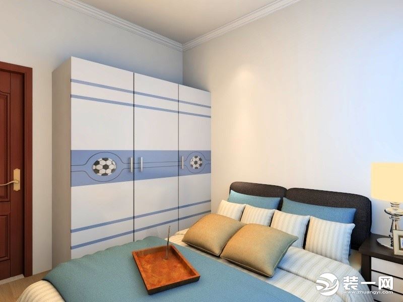 卧室整体做简单处理，顶面做石膏线条。衣柜选择现代简约型。