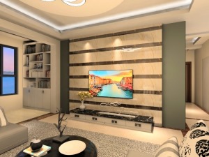电视背景墙使用了瓷砖，深浅色搭配，加上一点造型，特别具有现代时尚感！