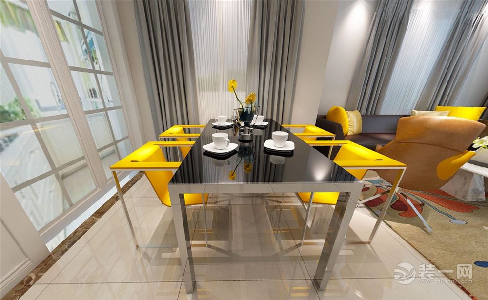 餐厅背面窗帘的选择，增强时尚感，丰富空间，需要壁纸粘贴工施工。明黄色餐椅，与附近颜色鲜明对比。叠级