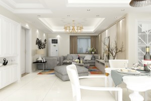 白色基调的现代家装，淡黄色实木背景和浅灰色布艺沙发的融合，使得整体温馨和谐。
