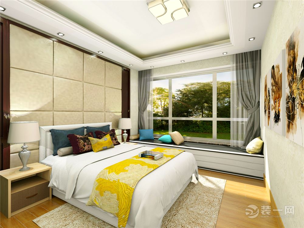相对简单的卧室设计，简单的背景墙、吊顶设计仍能体现主人的高雅品味。木质地板和床下地毯让每位就寝的客人