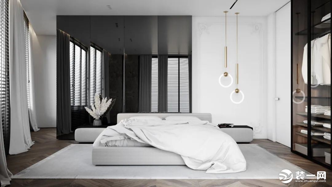 安静私密的环境可以保证良好的睡眠，卧室内的经典三色设计，黑、白、灰带给人十足的居家舒适感，保证全屋通