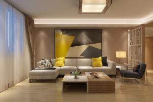 客厅沙发墙选用深咖色，中性稳重，与白色电视墙形成对比，凸显家具配饰纹理，调和成温暖质韵。