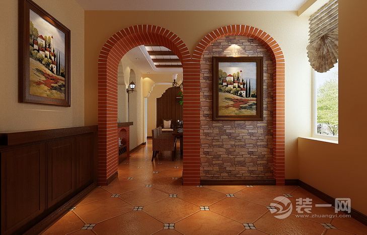 门厅:乡村城堡		 设计理念：乡村城堡气息，红砖、实木。 亮点：加宽的拱型门廊，配以庄园城堡挂画