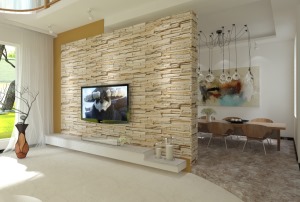 戴氏背景墙采用暖色文化石增加整个空间的质感，同时也跟原木色家具更加同意