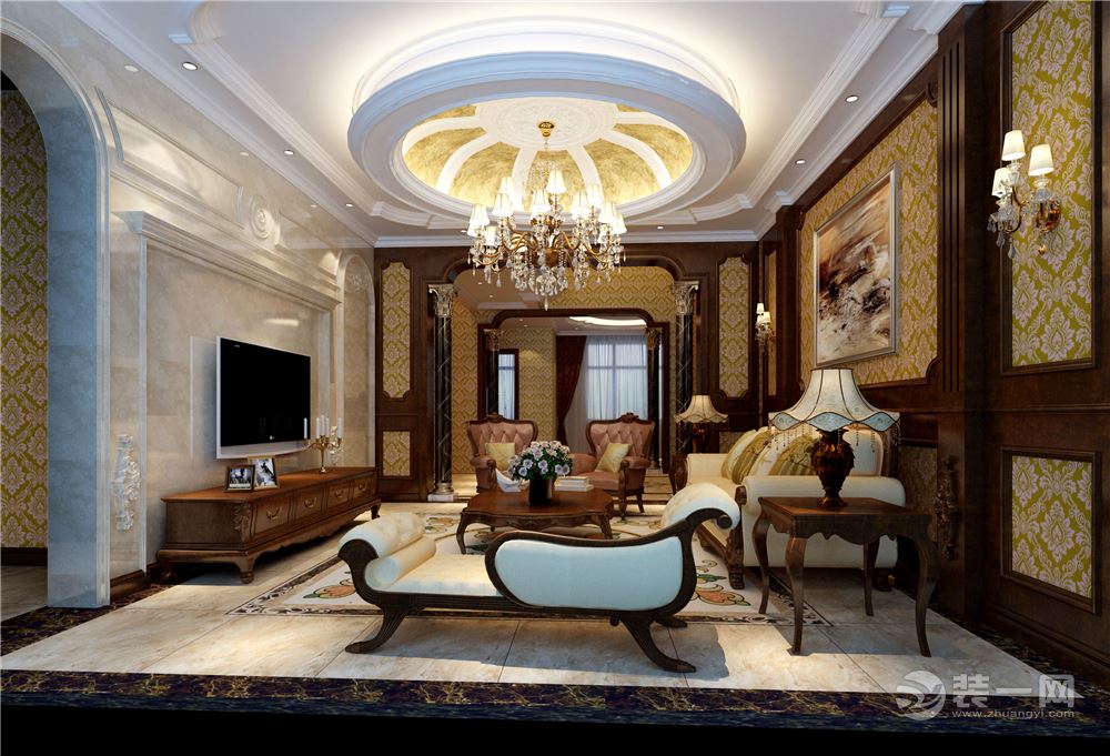铂悦山别墅300平米欧式中式混搭装修案例-一楼客厅