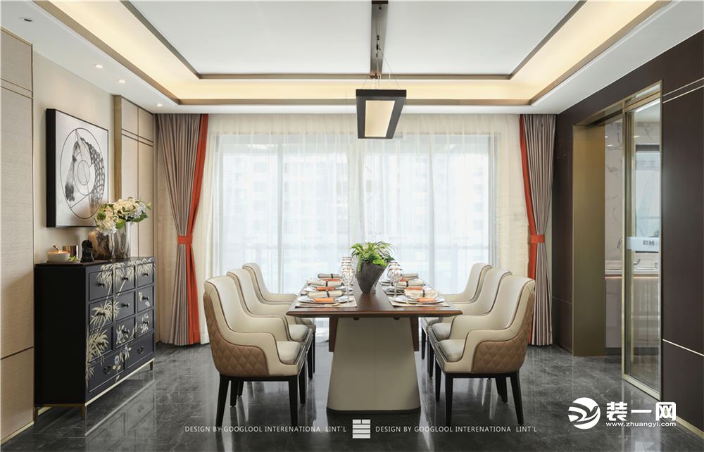 深圳古兰国际与融创中国合作打造的佛山融创御府110平米户型爱马仕新中式风格整体软装，此图为餐厅区域。