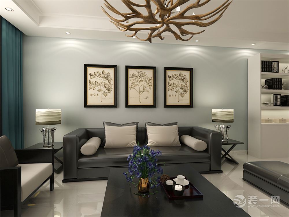 业主不喜欢太明亮的颜色和太复杂的造型，沙发背景墙做了一个搭配整体的蓝灰色。