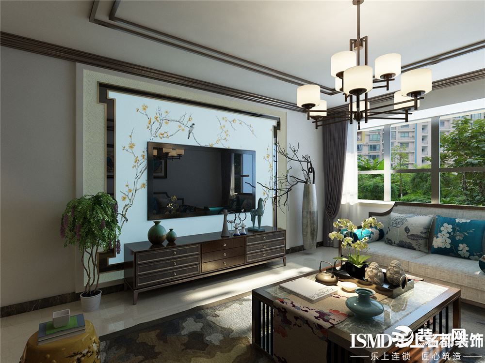 新中式风格客厅整体展示，   青后小区104平米新中式风格---乐上名都装饰公司