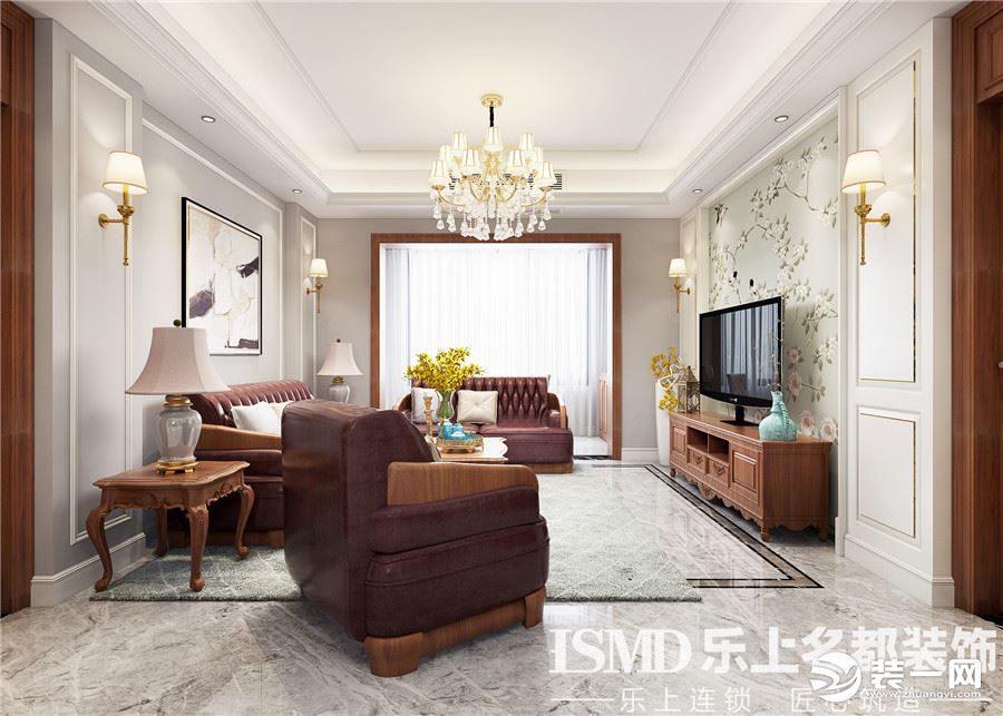 绿地隆悦公馆160平混搭风格客厅效果图皮质的沙发、木质的家具，电视背景墙