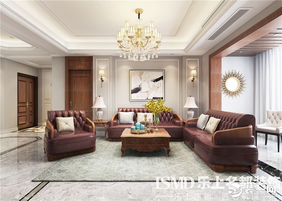 绿地隆悦公馆160平混搭风格客厅效果图皮质的沙发、木质的家具