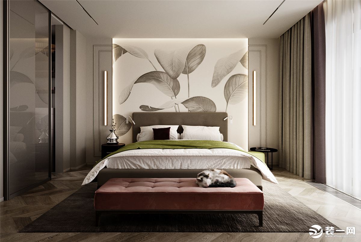 主卧床头背景墙的清新花纹，树叶的纹路，浅绿色的床饰设计，清新舒适。