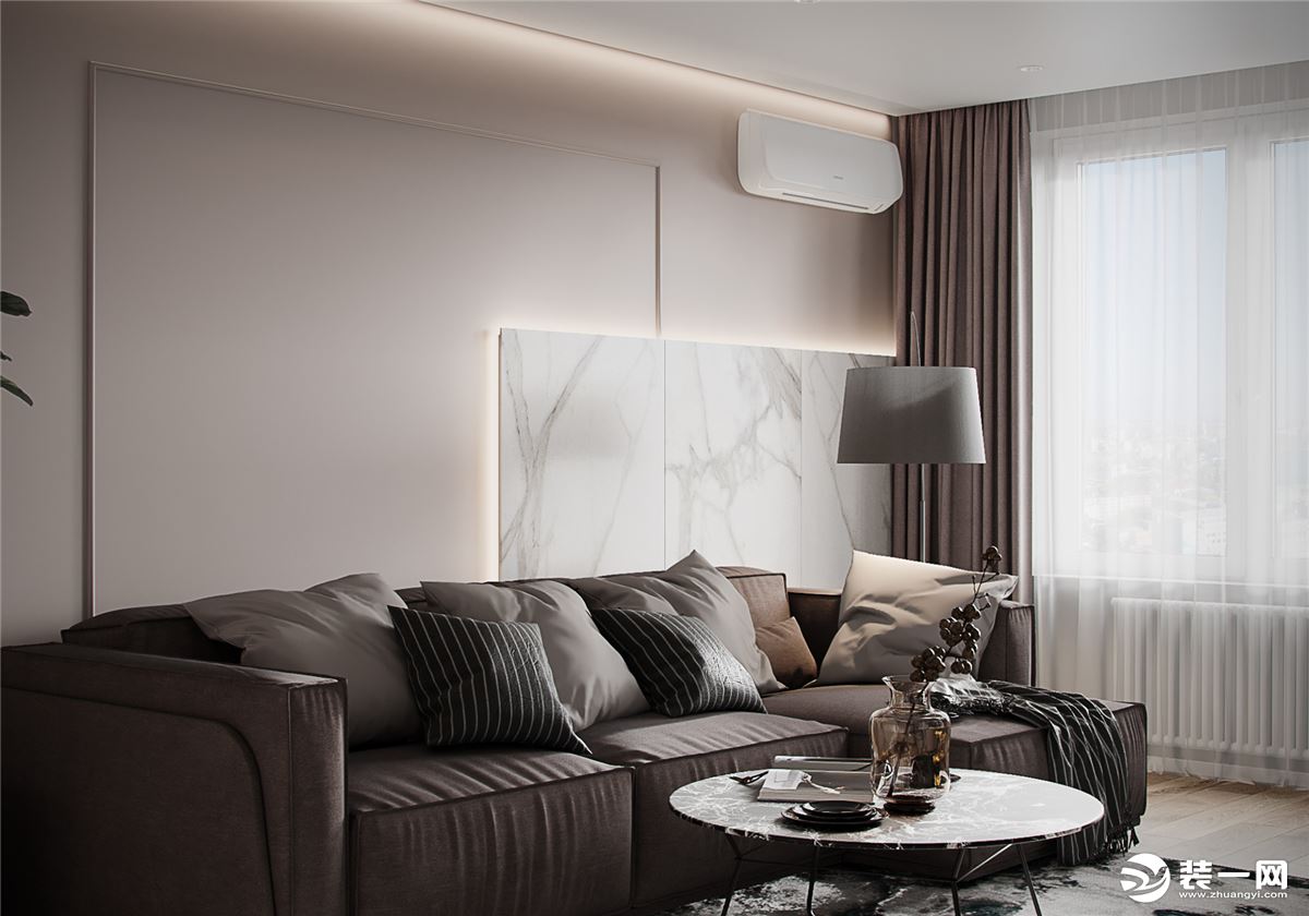 深棕色的沙发与浅色的整体搭配，展现空间的层次感，电视柜下的电子壁炉设计，时尚与实用的搭配