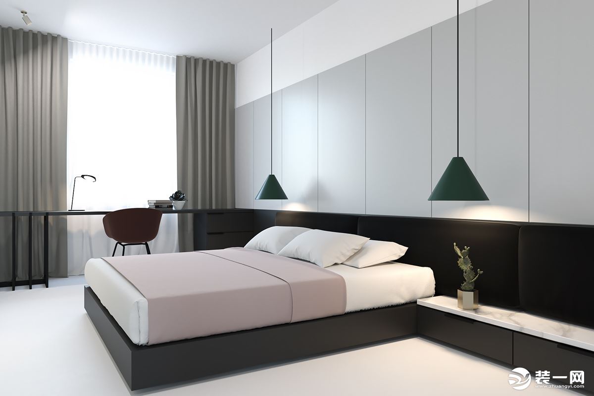 卧室延续着整体的风格，简约与线条感，展现出风格的特点，舒适放松环境，让你增添睡意。