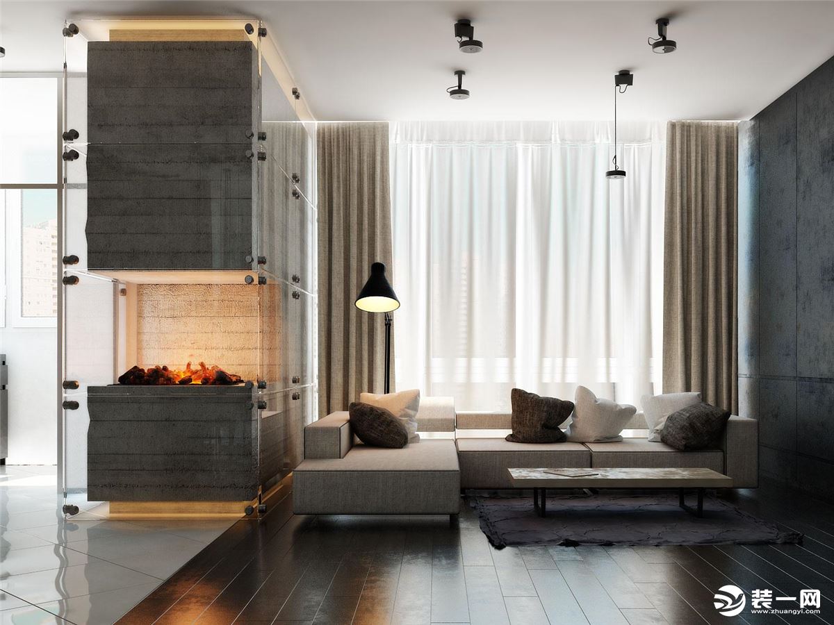 客厅以灰色为主体的的色调，舒适的布艺沙发与地毯的铺垫，慢生活的体验，