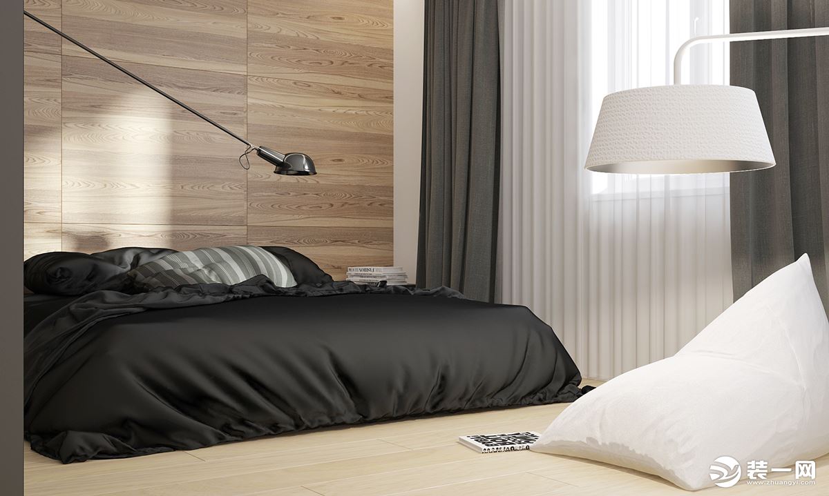 卧室以木元素为整体，天然柔和的体验作为榻榻米的设计，纯黑色的床饰，是空间不一样的色彩。