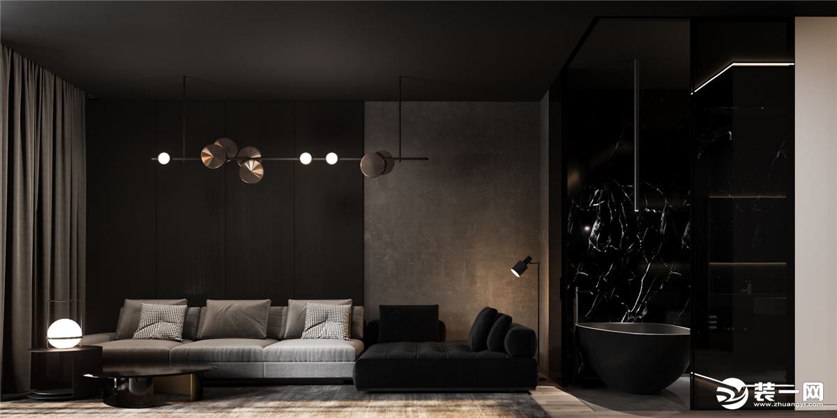 黑色与灰色的沙发组合，一半灰一半黑的搭配，与背景墙的颜色，相互呼应。