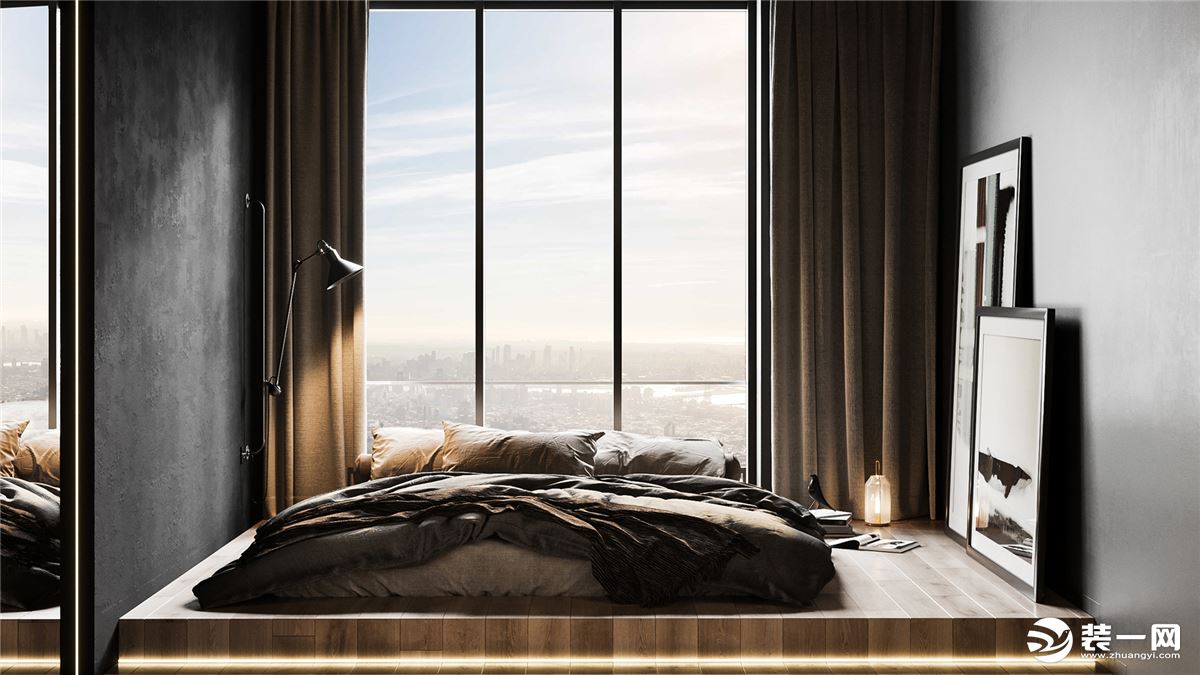 卧室升高的地面，做了一个床榻的设计，灯带的点缀时尚现代，床头对着窗户感受阳光的照耀，也可以俯瞰世界