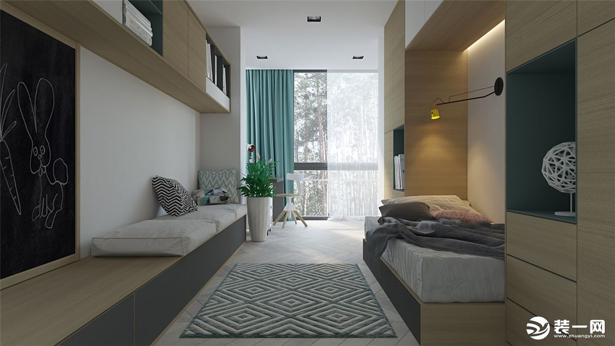 儿童房小小的单人床，依然是木元素的搭配，床面的墙壁上，小小的台灯，增添睡意。