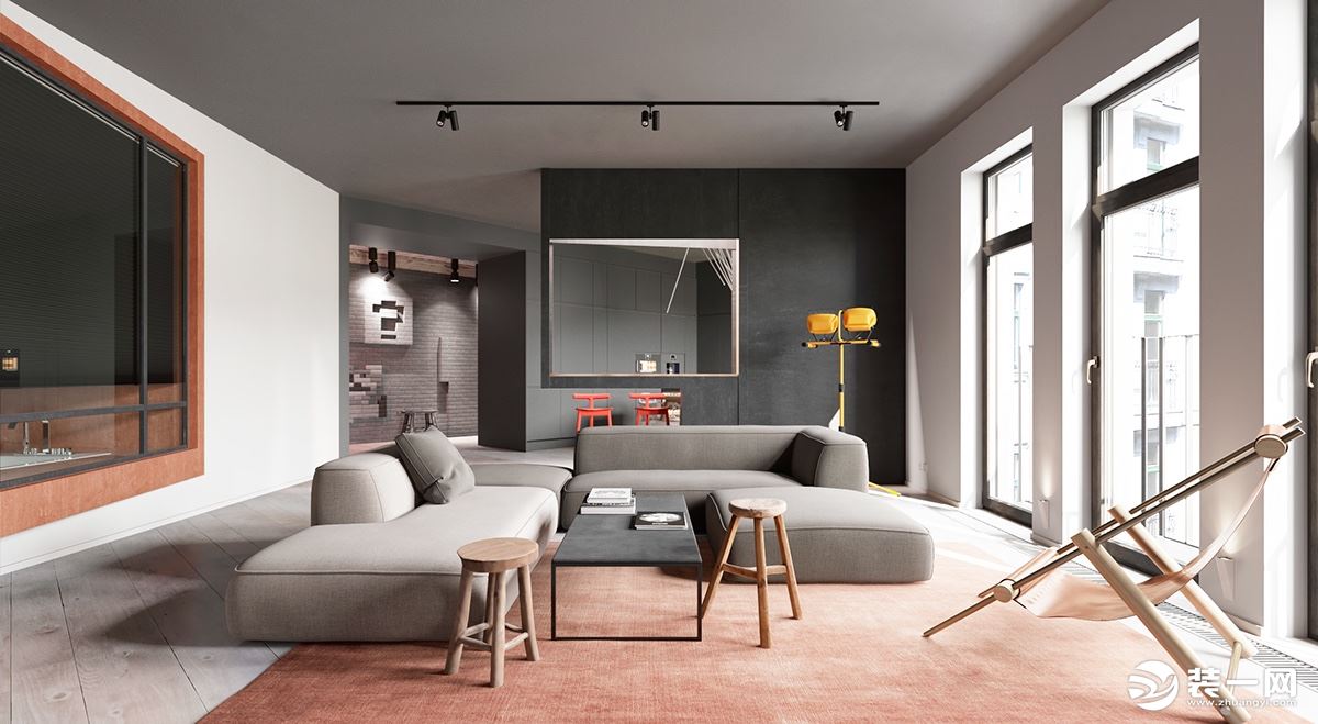 灰色与浅粉色的搭配，在空间中展现不一样的时尚感，沙发边角的弧形感视觉上的柔软，看着就觉得身体都慵懒了