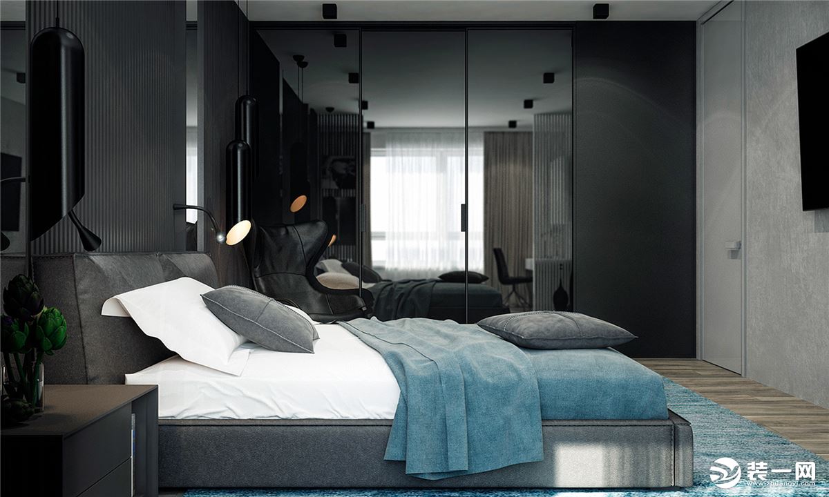 卧室在灰色的墙面基础，线条的搭配，布置蓝白色的布艺床铺，让卧室充满舒适轻松的气息。